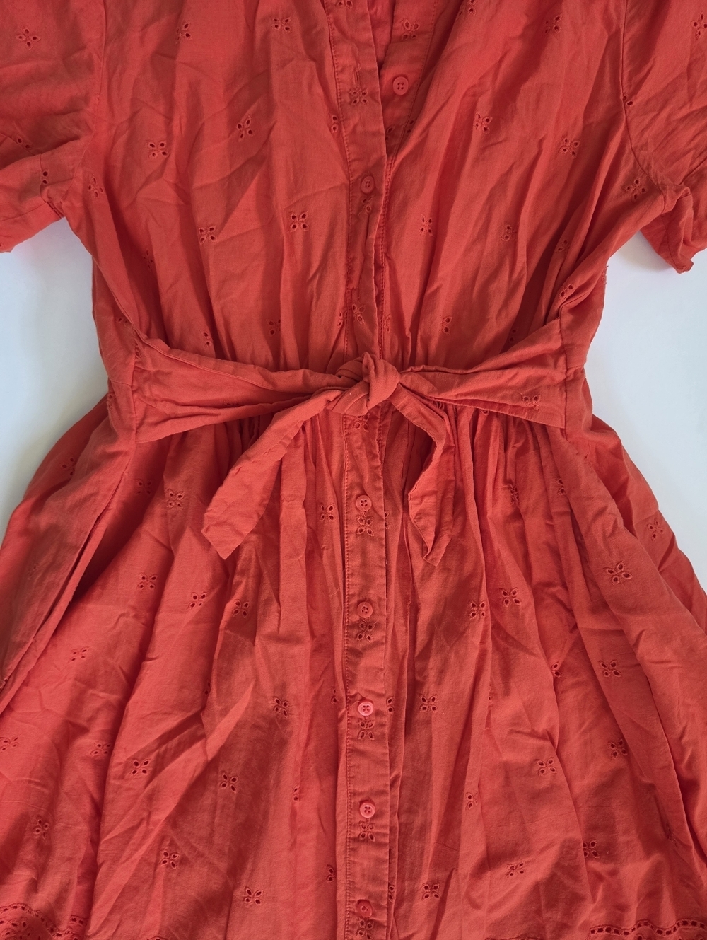 Kate Spade Tie-Waist Eyelet midi cotton shirt dress tie stretch waist sz L - Picture 3 of 10